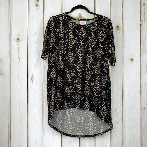 Lularoe Irma Half Sleeve Tunic High Low Cotton Blend Sz XXS Black Beige Print - Picture 1 of 5